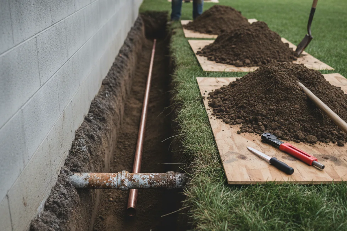 Excavated water line trench during Sewer Line Repair in Churchton